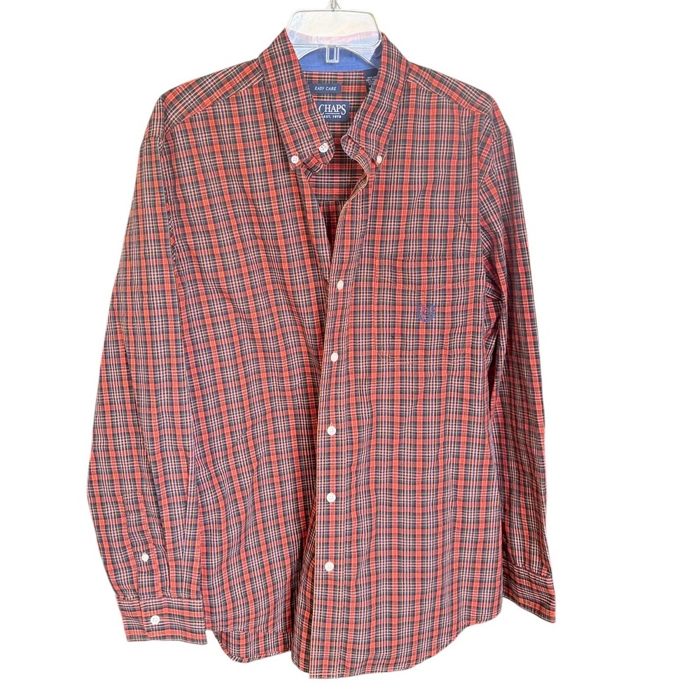 Chaps Mens Ralph Lauren Red Navy Plaid Easy Care Button Down Shirt L Long Sleeve